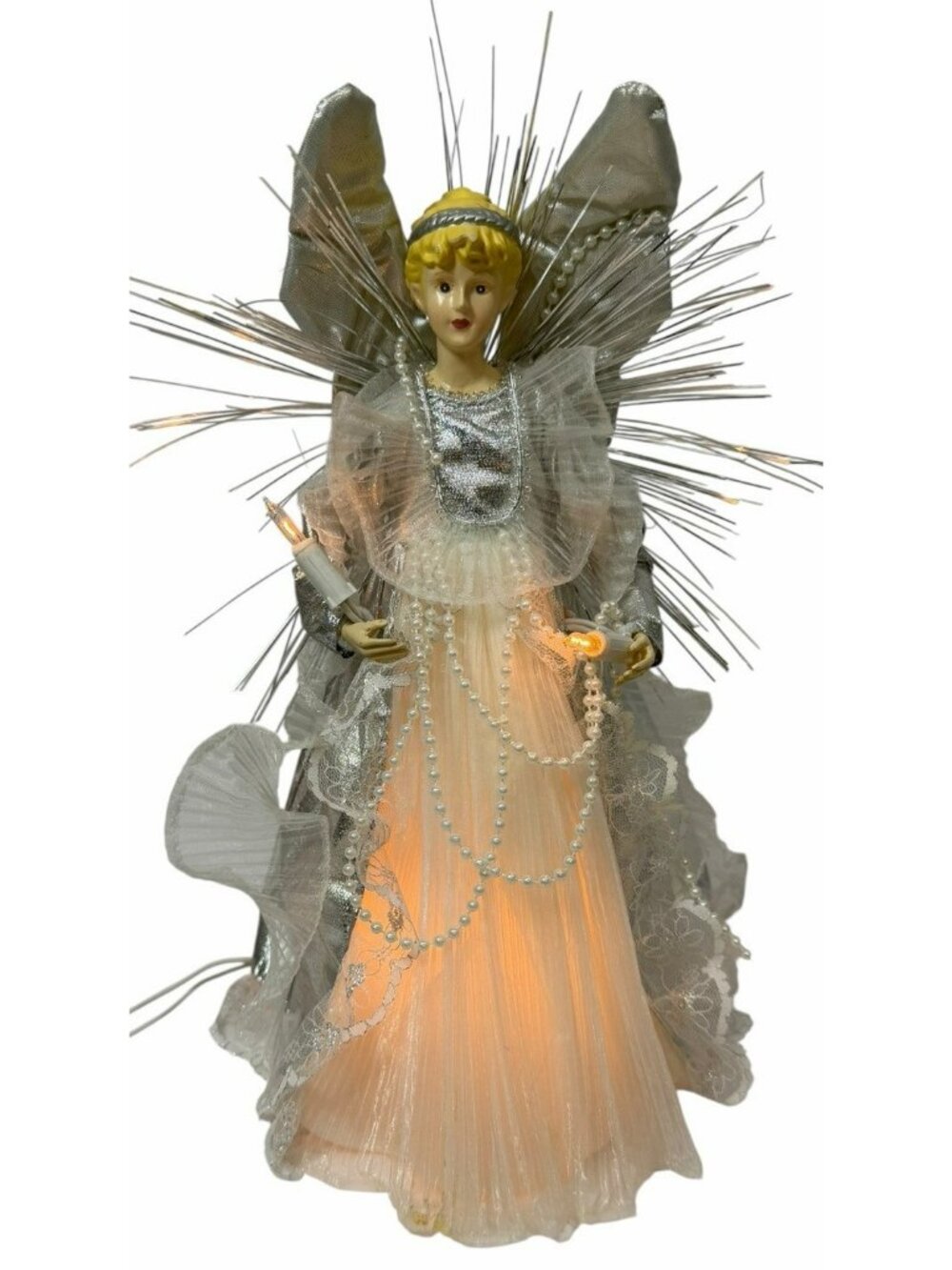 Vintage 1990s Victorian Angel Lighted Tree Topper Silver Dress White Lace Pearls